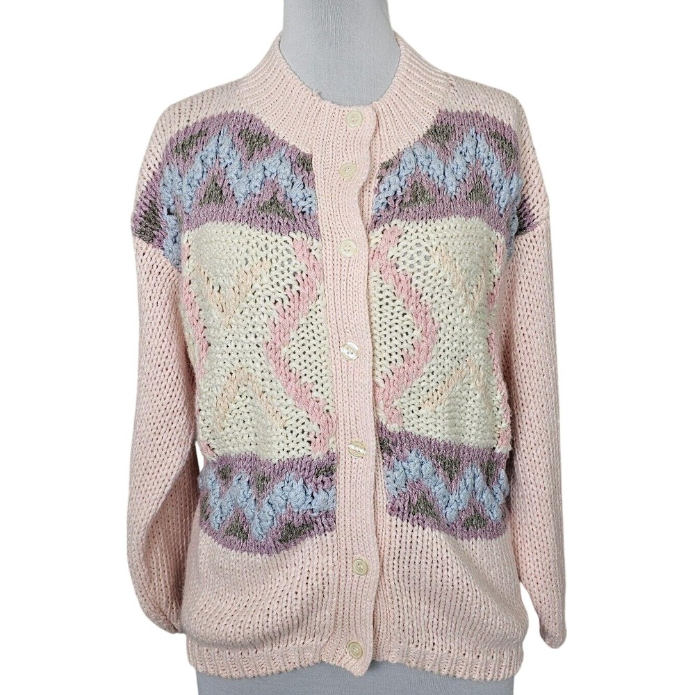 Vintage One Step Up Hand Knit Cardigan Pink Pastel Chunky Grandma Sweater L